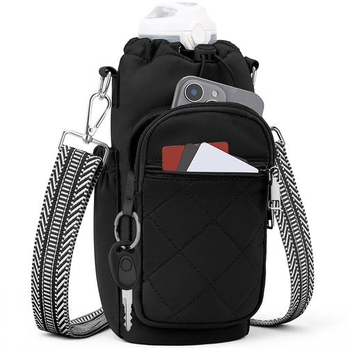 SYTRAH Water Bottle Carrier Bag with Strap, Water Bottle Purse with Phone Pocket 40oz, Insulated Crossbody Bags for Walking Hiking Black