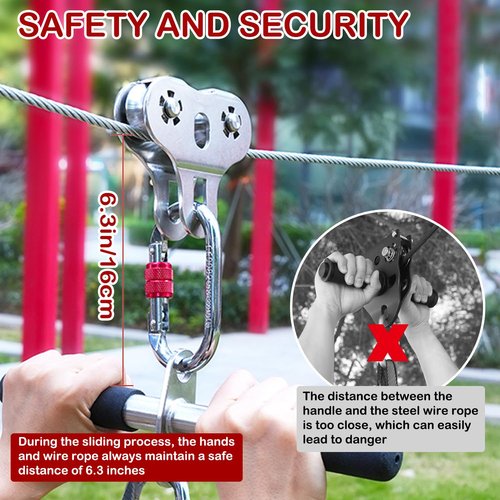 Fologtoo Zipline Pulley, Heavy Duty 304 Stainless Steel Zipline Trolley with Handle for 1/4" to 3/8" Cable, Tandem Speed Double Pulley for Backyard Zip Line, Hauling, Rigging and Commercial Purposes