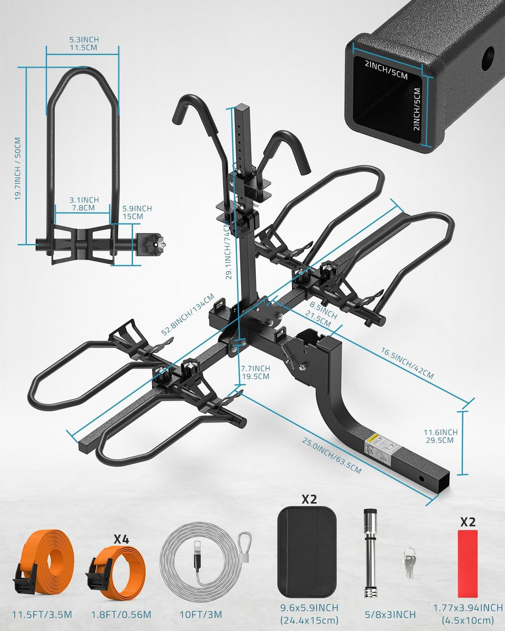 PAULINN Heavy-Duty Ebike Rack - 2-Bike Folding Bicycle Carrier for SUVs & Cars | 200 LBS Capacity, 2” Hitch Receiver