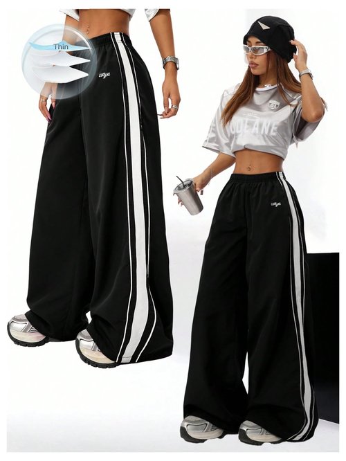 GORGLITTER Women's Baggy Sweatpants Track Pants Joggers Y2k Bottoms Wide Leg Striped Oversized Sweat Pants Streetwear Black Medium