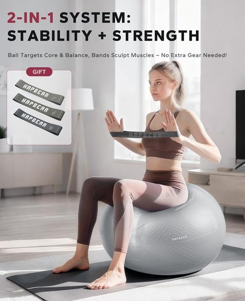 HAPBEAR Exercise Ball - Anti-Burst, Slip-Resistant Yoga & Pilates Ball | Core Training & Posture Improvement (22''/26''/30'') with Quick Pump & 3 Resistance Bands