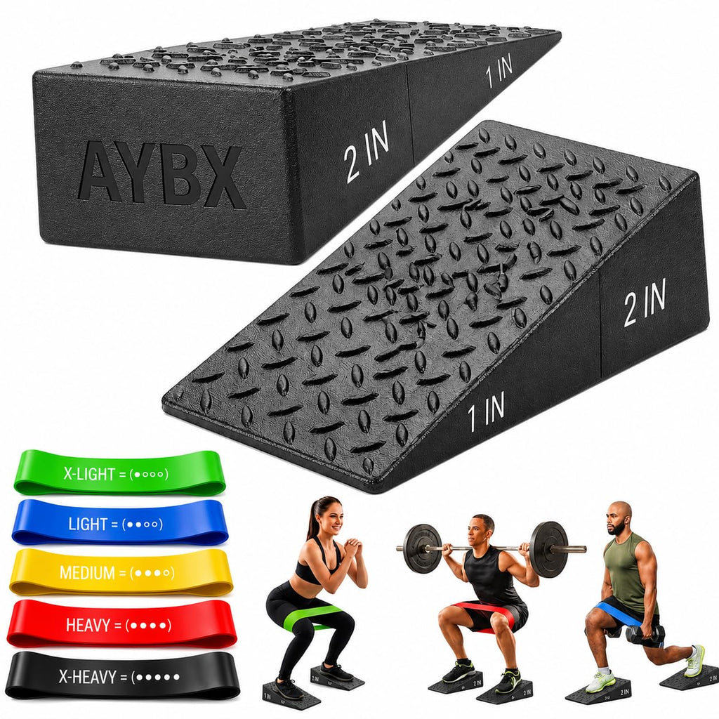 Squat Wedge Block | 2 PCs Non Slip Rubber Heel Elevated squat wedge for strength Training and Deep Squats| slant board for squats to improve ankle mobility with 5 resistance band