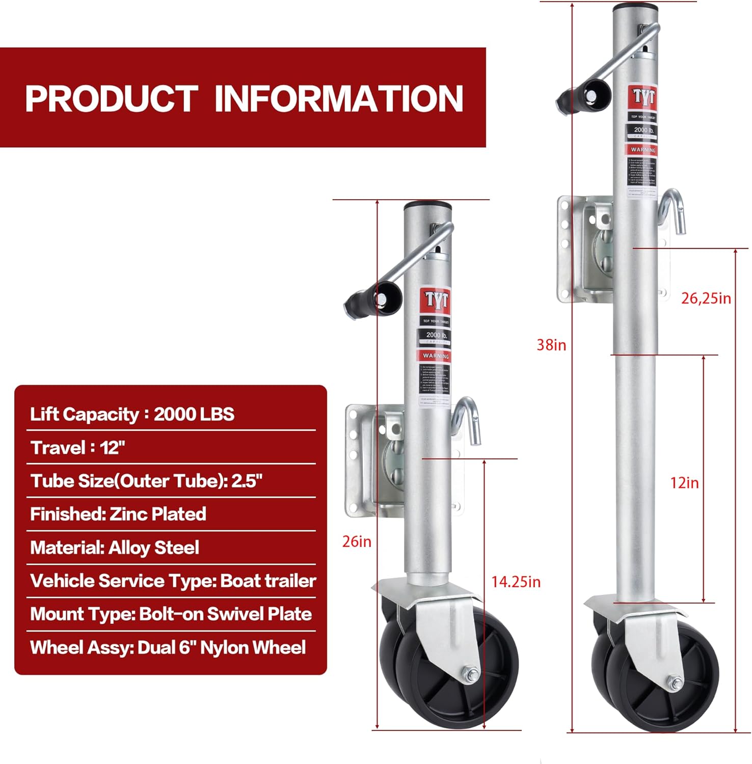 TYT Heavy-Duty Boat Trailer Jack - 2000 lbs Capacity, 12-Inch Lift, Zinc-Plated Finish, Dual 6-Inch Wheels