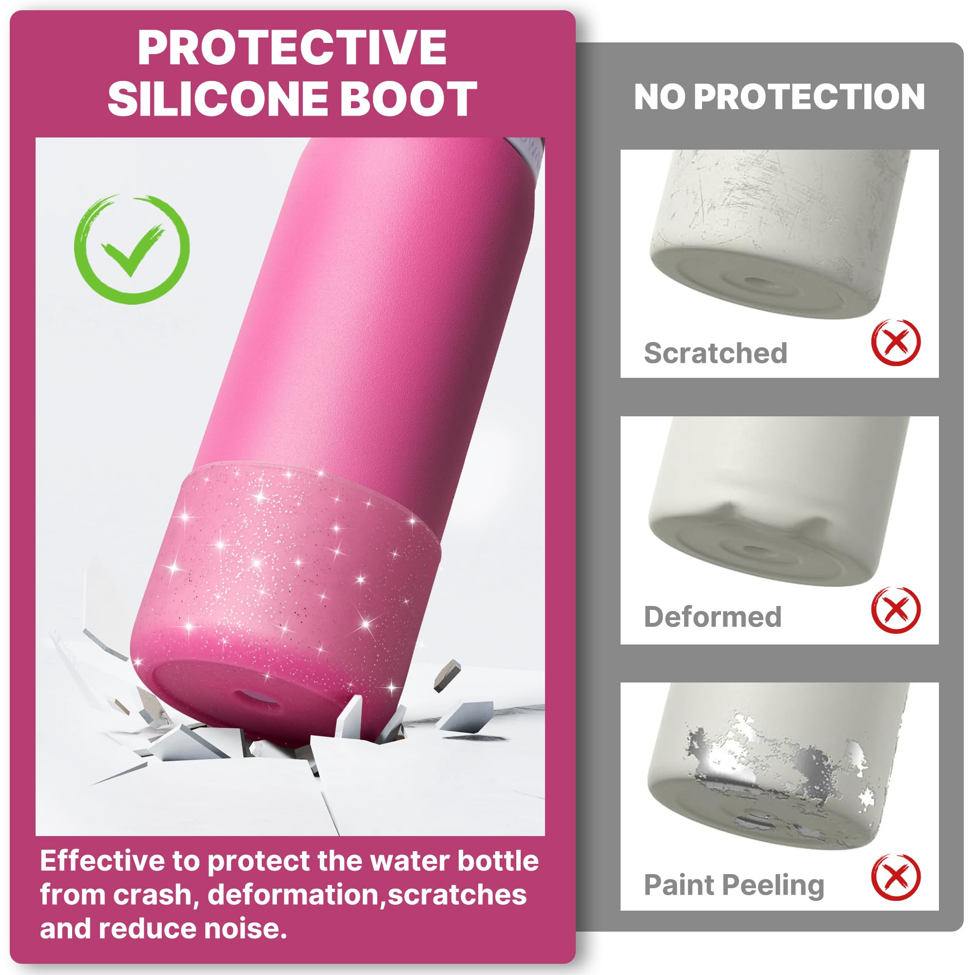 Diumepo Silicone Boot for Owala 24 oz Water Bottles, Anti-Slip Protective Sleeve Bottom Protector for Owala Twist & FreeSip & Flip Stainless Steel Water Bottle (Glitter Rose Red)