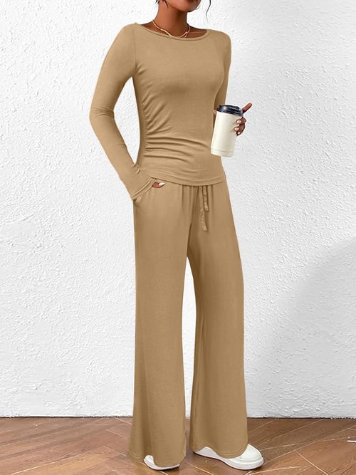 BeautyNee 2 Piece Matching Sweatsuit - Women's Casual Lounge Set with Wide Leg Pants & Crop Top | Khaki M