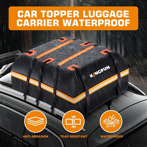 Kingfun Rooftop Cargo Carrier Bag - Waterproof 15 Cubic Feet Luggage Carrier for All Vehicles | Anti-Slip Mat & 8 Straps Included