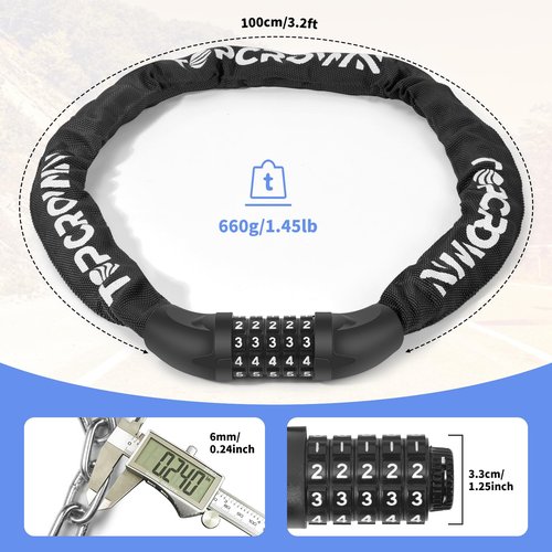 Topcrown Bike Chain Lock 3.2Ft Long High Security Heavy Duty Anti Theft, 5 Digit Combination Resettable Keyless Bicycle Lock for Bike/Electric Scooter/Ebike/Motorcycle(Black)