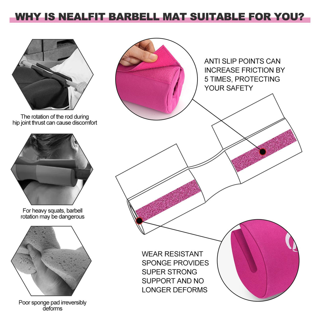 NEALFIT Barbell Squat Pad with Thick Nylon Padding, Hip Thrust Pad for Squats, Lunges, Neck Shoulder Squat Pad for Olympic or Standard Bars (Pink)