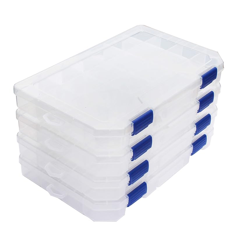 Large Plastic Tackle Box Storage Organizer with Adjustable Dividers – 4 Pack