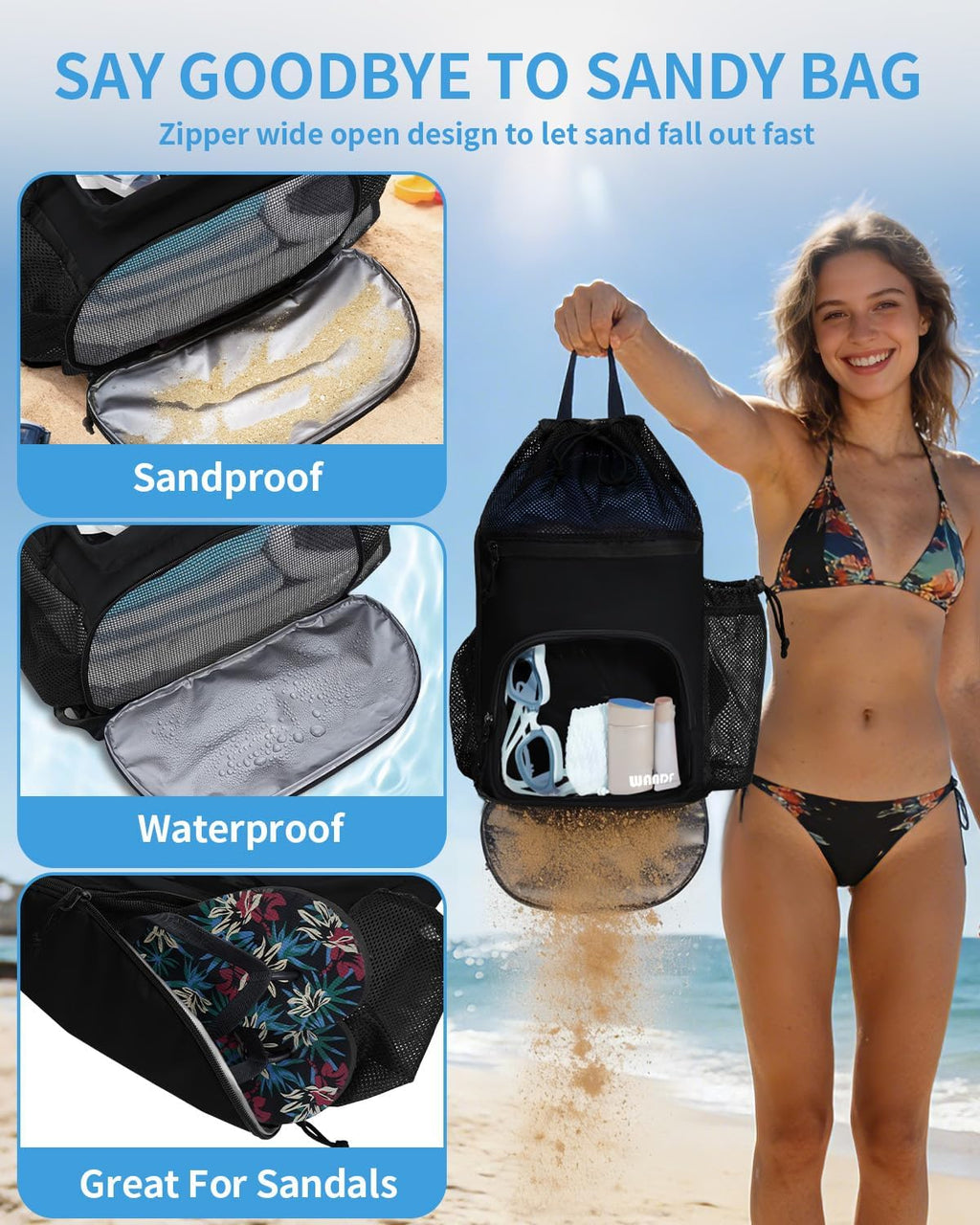 WANDF Swim Bag - Sandproof Beach Backpack with Wet Pockets & Tumbler Side Pockets | Black