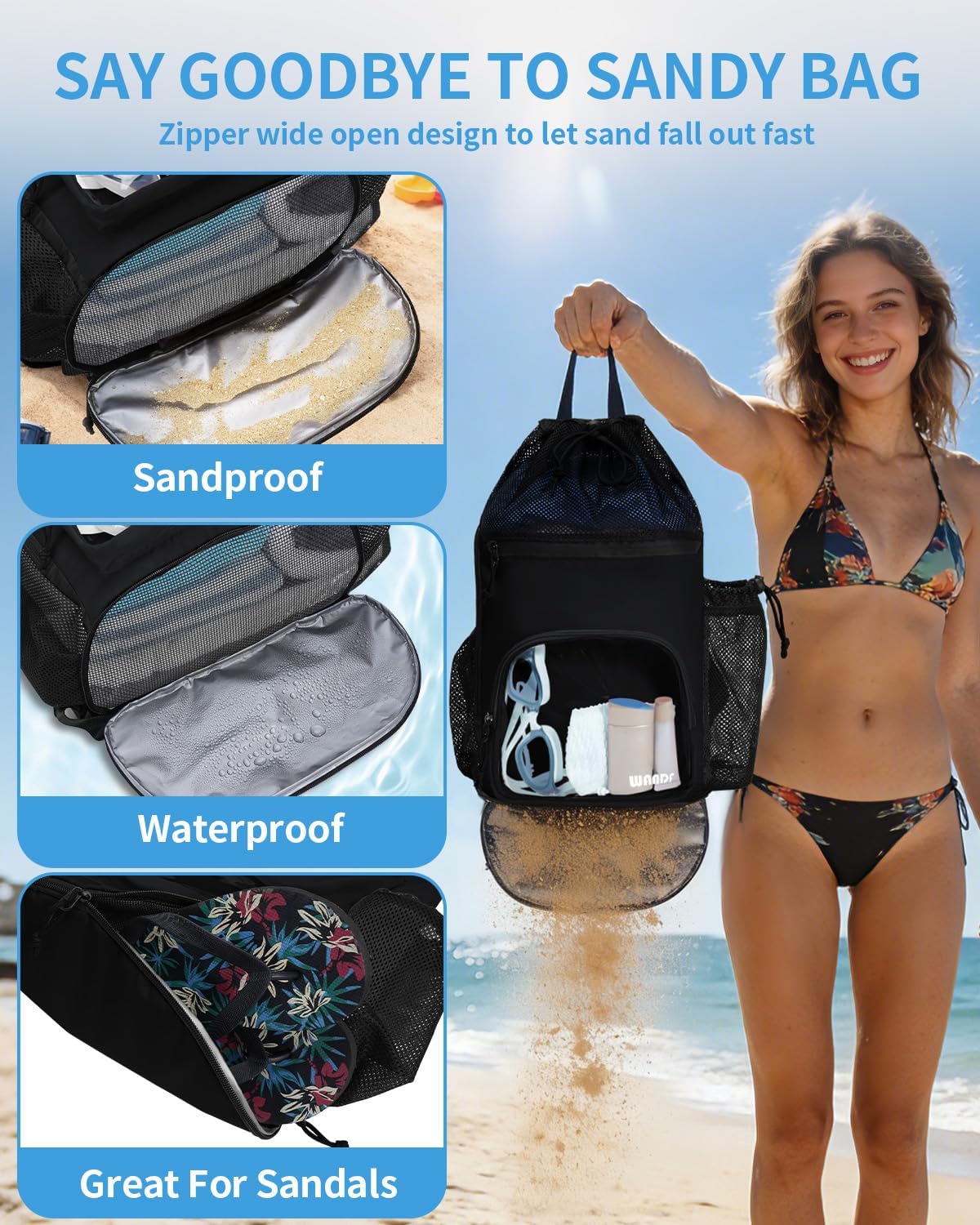 WANDF Swim Bag - Sandproof Beach Backpack with Wet Pockets & Tumbler Side Pockets | Black