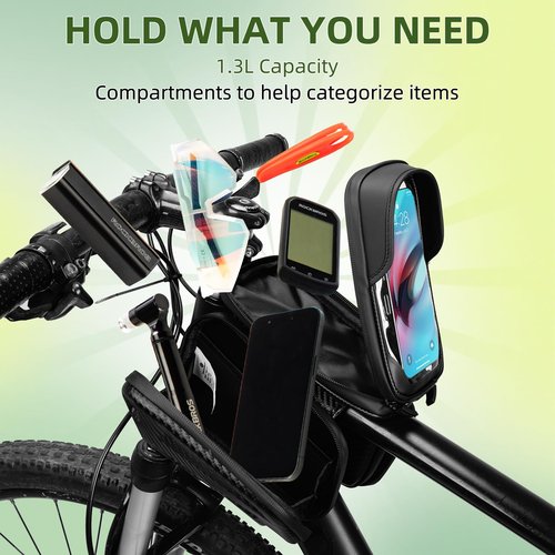 ROCKBROS Top Tube Bike Bag, Waterproof Bike Frame Bag, 1.3L Capacity Bike Phone Bag with Sun-Visor, TPU Sensitive Touch Screen Bicycle Phone Bag for Cell Phone Below 7.4”×4.2”