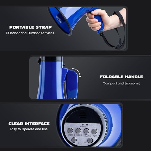 MyMealivos 20W Megaphone Bullhorn - Portable with Siren & 240s Recording | Volume Control, 300ft Range