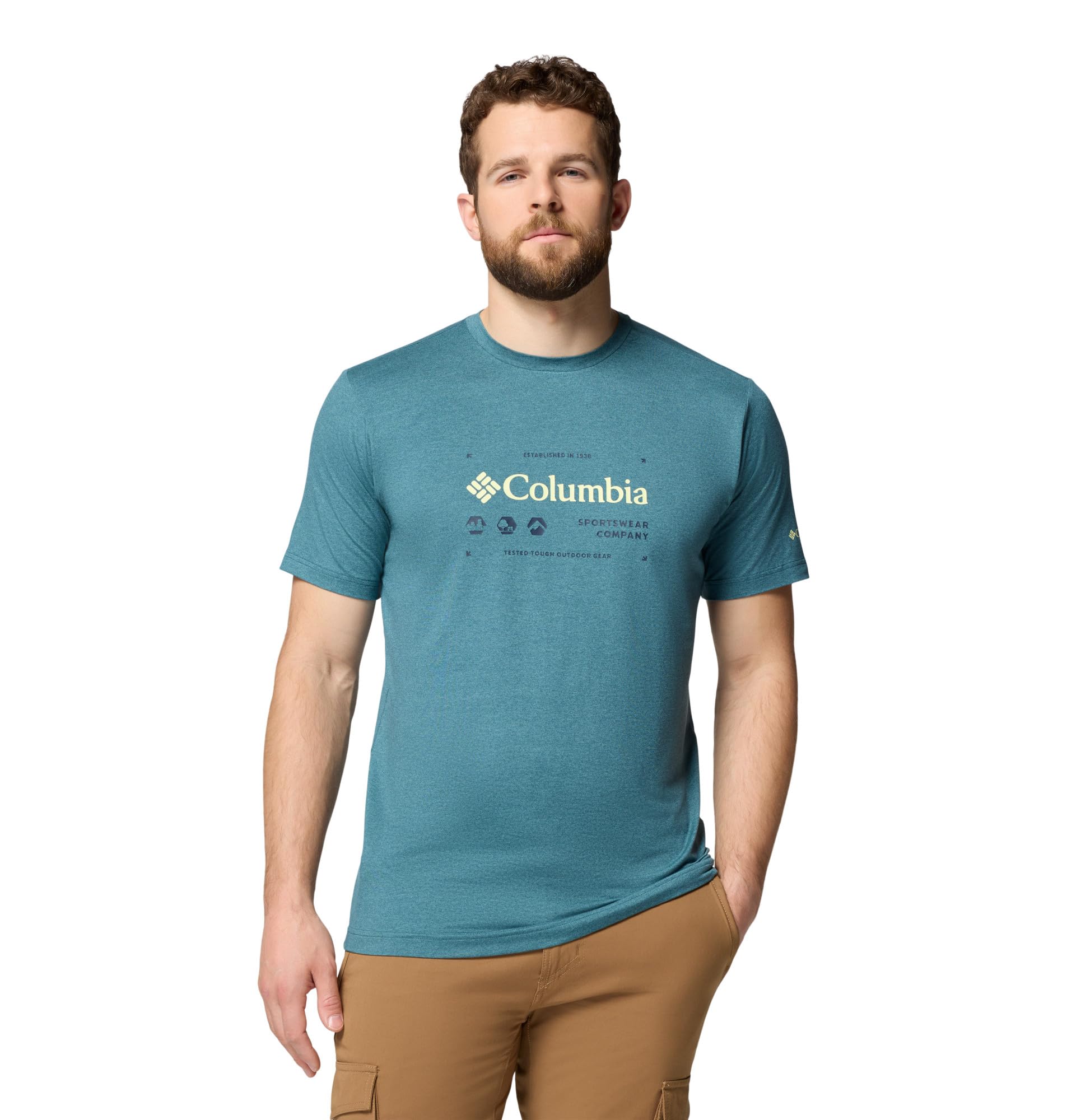 Columbia Mens Kwick Hike Graphic Short Sleeve Tee, Everblue Heather/Iconic Brand, X-Large