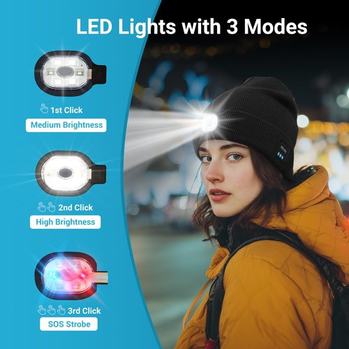 Wewow Bluetooth Beanie with Light, Beanie with 6 LED Light and Bluetooth Headphones, USB Rechargeable, Gifts for Family/Friends/Partners Black