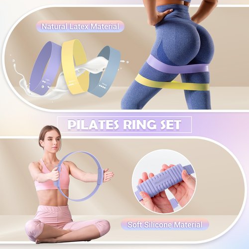 Paleclouds Pilates Essentials Kit for Women, 13.5" Pilates Ring and Ball Set with Resistance Bands for Home Workouts, Portable Pilates Kit with Bag & Training Poster for Full Body Exercise (Purple)