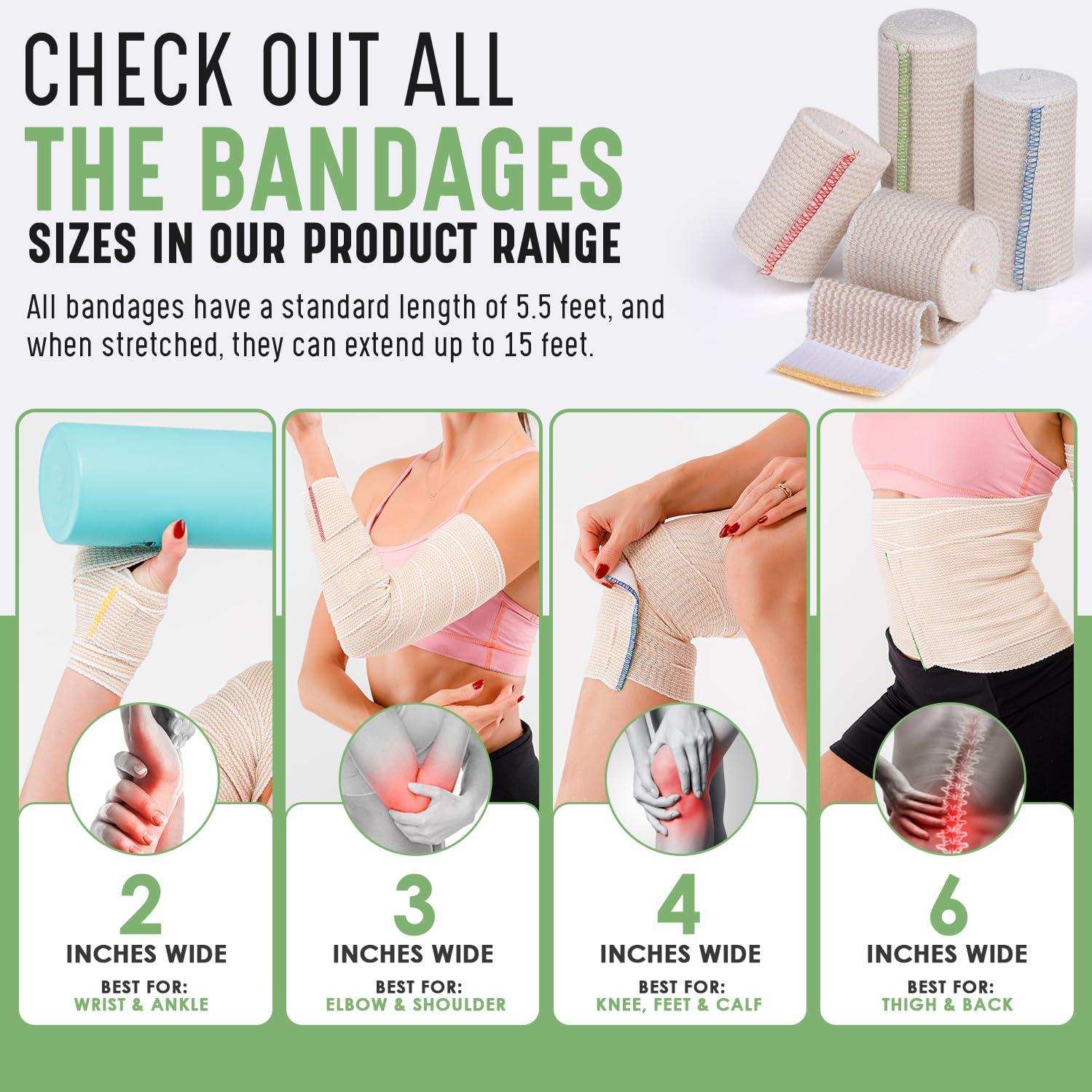 Premium Elastic Bandage Wrap - Latex-Free Hypoallergenic Compression Roll | 3-Inch, 2-Pack for Waist, Legs, Elbow & Knee