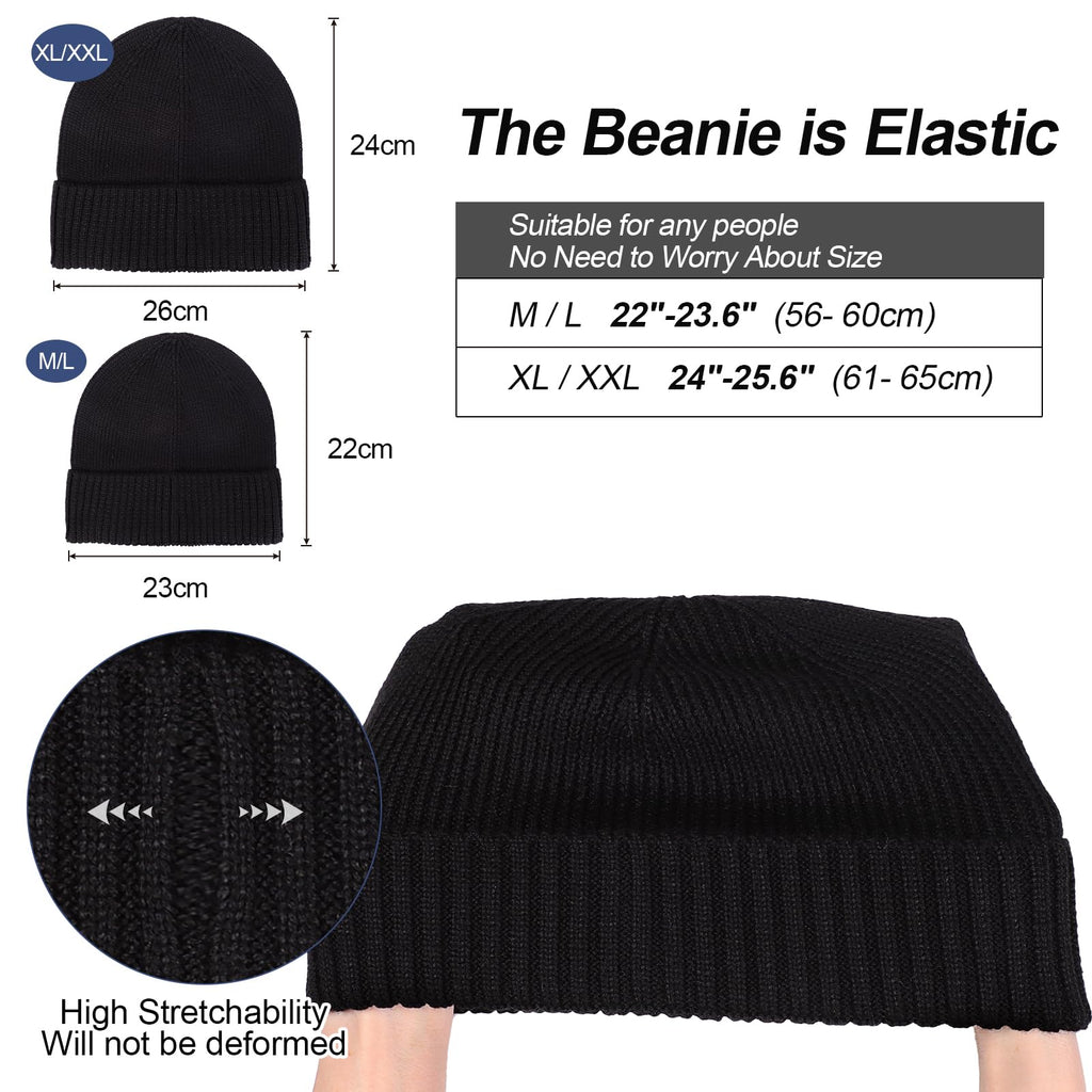 Oversized L/XL/XXL Merino Wool Beanie Hat for Men Big Head Cuffed Watch Cap Warm Soft Knit Winter Hat Black