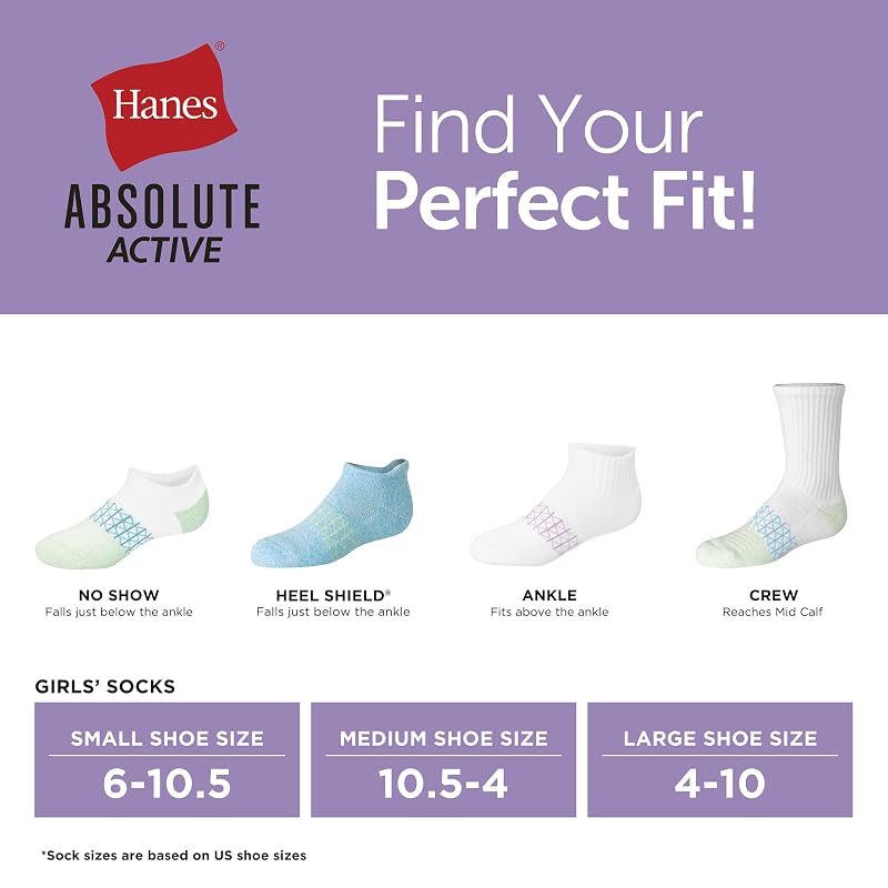 Hanes Absolute Active Cushioned Ankle Socks for Girls — White/Green, 6 Pairs, Crew (Large)
