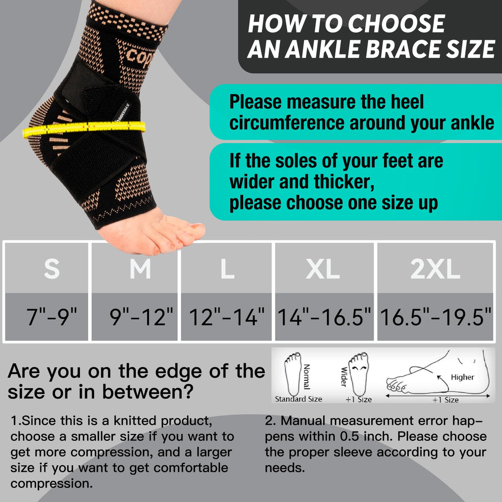 INDEEMAX Ankle Brace for Sprained Ankle Compression Sleeve, 2 Pack Copper Infused Ankle Support Brace for Women & Men, Plantar Fasciitis Relief Achilles Tendonitis, Sports Running, Copper Black, L