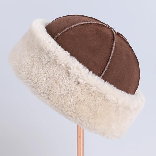 BOONJOVIA Unisex Genuine Sheepskin Leather Shearling Wool Beanie Hat, Winter Fur Cap, Hand Stitched (US, Alpha, One Size, Brown)