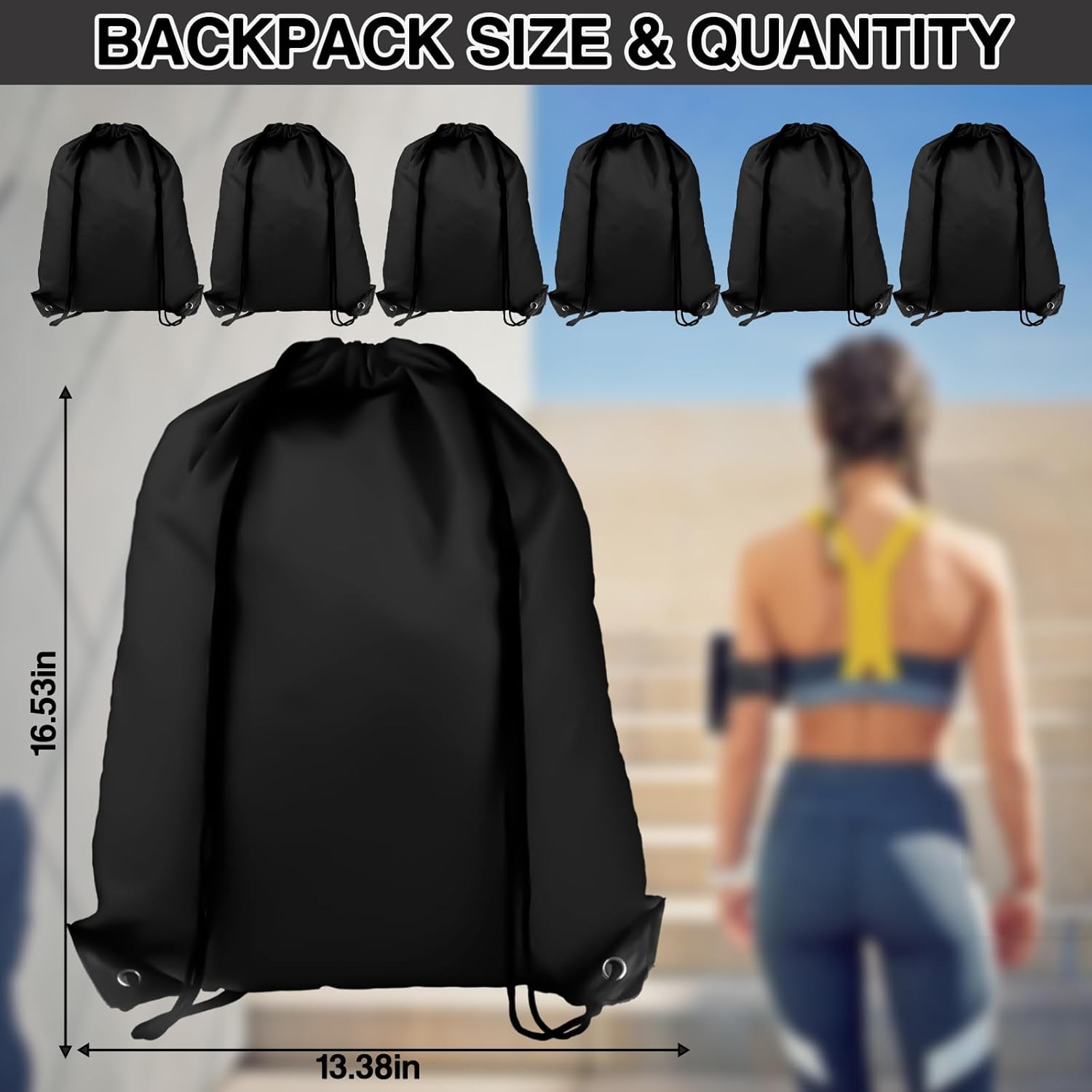 Skiennix Drawstring Backpacks - Medium Black Sports Bags for Gym, Travel & Beach Activities