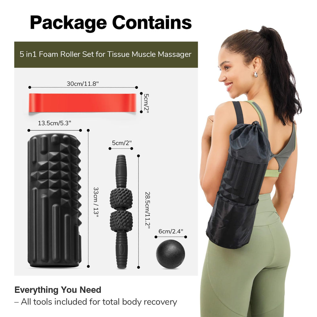 LTHTRADE 5 in 1 Foam Roller Set - Foam Roller for Legs, Muscle Roller Stick, Massage Ball, Resistance Band for Physical Therapy & Deep Tissue Muscle Massage (Black)