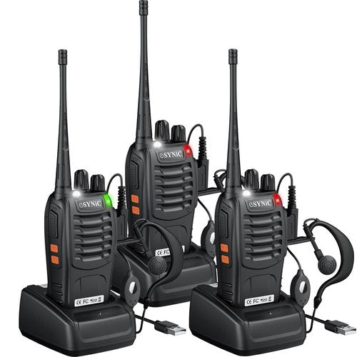 eSynic 3-Pack Rugged Walkie Talkies-3 Miles Long Range 16CH 2 Way Radios with VOX- Compact-1500mAh Rechargeable Battery-3 Headsets & LED Light-Rain-Resistant-Easy to Use for Job Site/Camping/Hiking