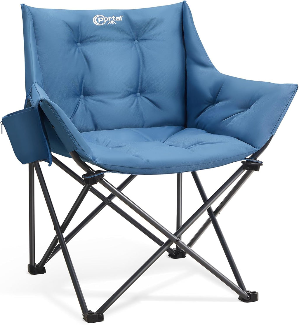 Portal Oversized Padded Camping Chair - Heavy-Duty Folding Chair with Cup Holder & Side Pocket | Supports 350 lbs, Blue