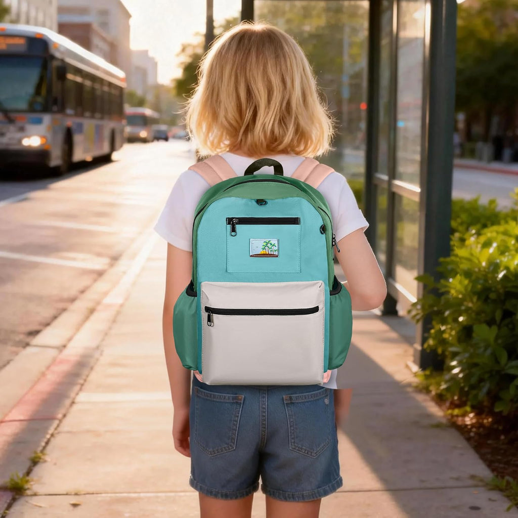 Skiennix Kids Backpack - Stylish Bookbag for Boys & Girls Ages 6-8 | Green & Grey Design