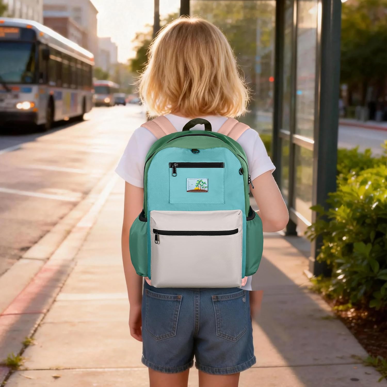 Skiennix Kids Backpack - Stylish Bookbag for Boys & Girls Ages 6-8 | Green & Grey Design