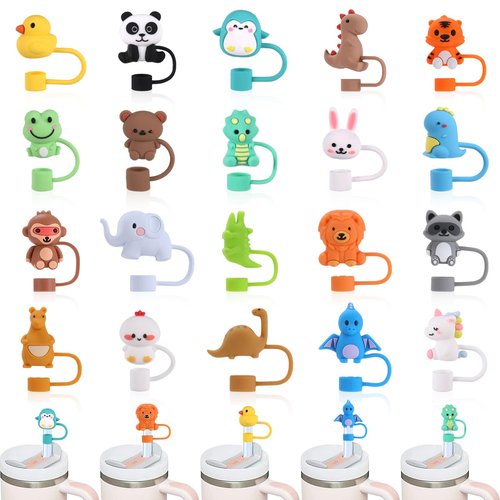 XLSXEXCL 20 Pcs Cute Animal Straw Cover Caps Compatible with Stanley Cup, Silicone Cute Reusable Straw Toppers for Cups 30&40 Oz Tumbler Accessories 10mm