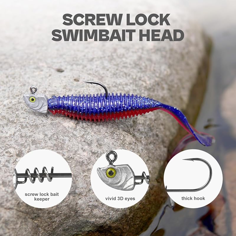 15-Pack Screw Lock Swimbait Jig Heads with 3D Chartreuse Eyes – 1/8 3/16 1/4 3/8 1/2 oz, 3/0 & 4/0 Hooks | Variation: Raw-15pcs+Assorted