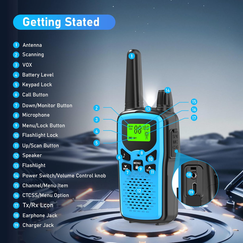 Walkie Talkies for Adults Long Range,Kartal Rechargeable Walkie Talkies with 22 FRS Channels,Two Way Radios with LED Flashlight for Hiking Cruises Camping (Blue)