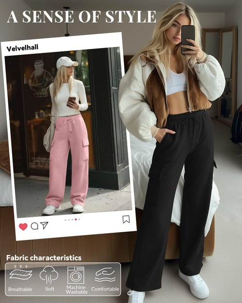 Velvelhall 3 Pack Women's Cargo Sweatpants Wide Leg Baggy Elastic Drawstring Pants Casual Athletic Joggers with 4 Pockets(Pink, Light Mixed Gray, Black,Large)