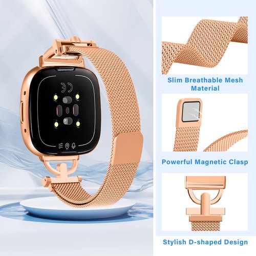 HAYONLIY Magnetic Bands Compatible for Fitbit Versa 4/Fitbit Versa 3/Fitbit Sense 2/Fitbit Sense, Mesh Stainless Steel Thin Strap, Adjustable Replacement Wristband for Women Dressy Rose Gold