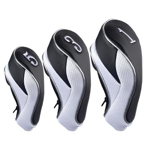 Andux Golf 460cc Driver Fairway Wood Head Covers with Zipper Closure Set of 3 (Black/White)