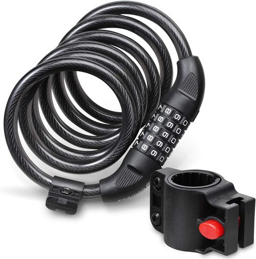 Fosmon Heavy-Duty Bike Lock Cable - 6 Feet Self-Coiling 5-Digit Resettable Combination Lock | Black