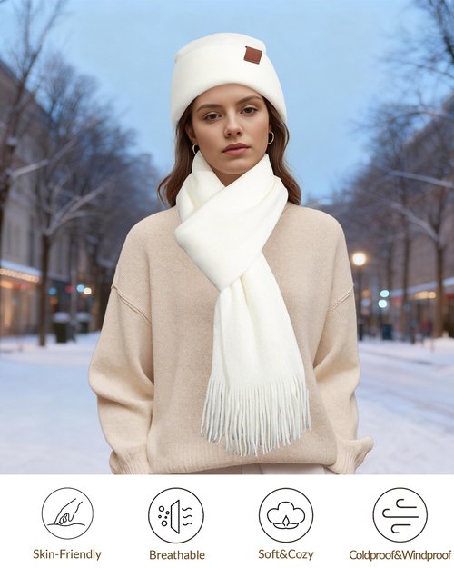 Women's Winter Knit Beanie Hat Touchscreen Gloves Long Neck Scarf Set Warm Soft Knit Beanie Cap for Cold Weather (White)