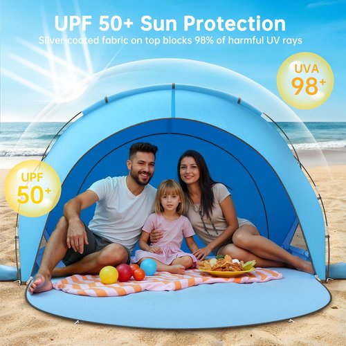 Raynesys Beach Tent Sun Shelter for 1-3 Person, Portable Sun Shelter, Sun Shade Tents with 2 Zippered Doors, Cool Cabana for Sand Camping, Blue
