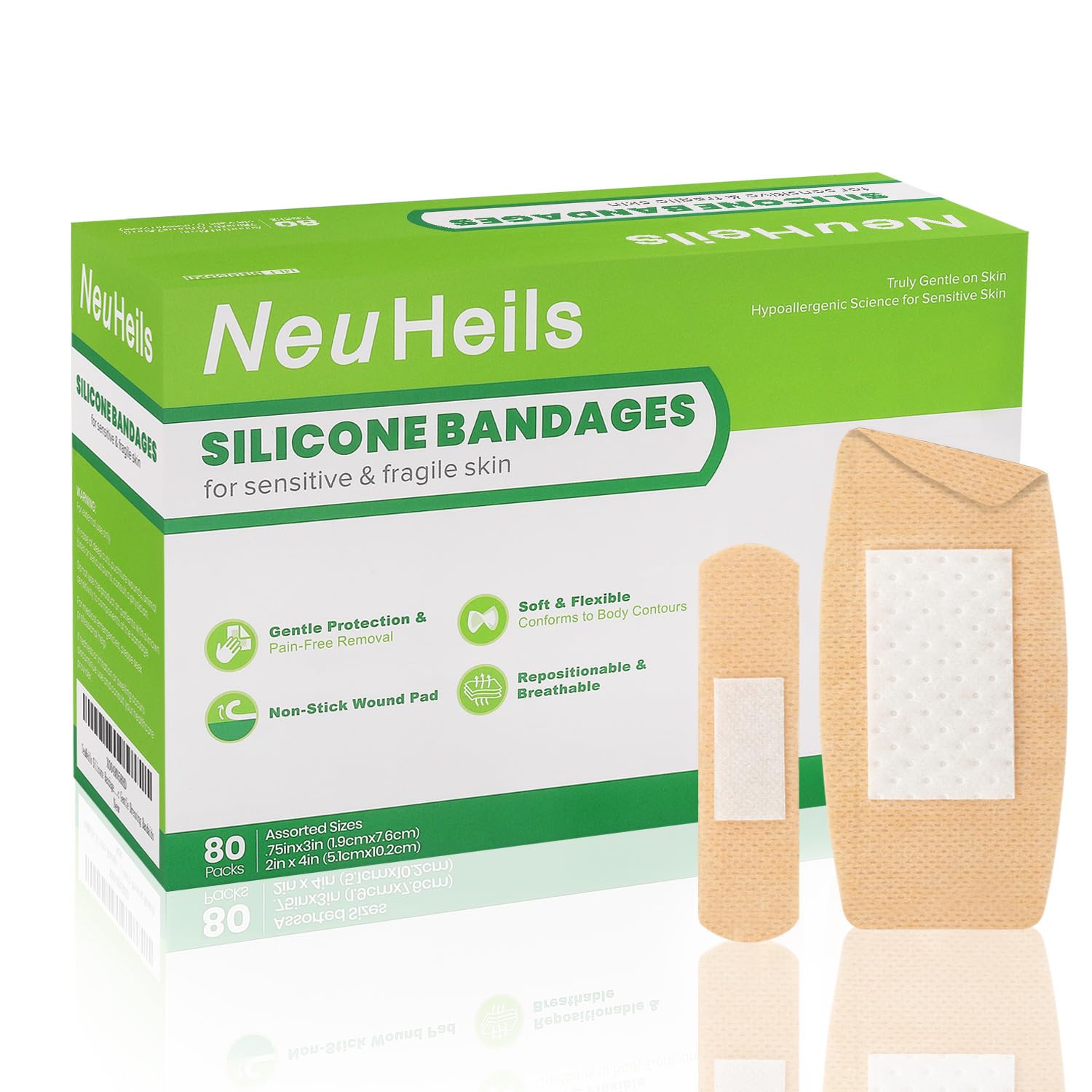 NeuHeils 80 Pcs Silicone Bandages for Sensitive Skin Assorted Sizes: Small 0.75x3 in (60 Pcs) & Large 2x4 in (20 Pcs). Non-Stick Pad, Hypoallergenic, Pain-Free Removal, Idea for Fragile Skin