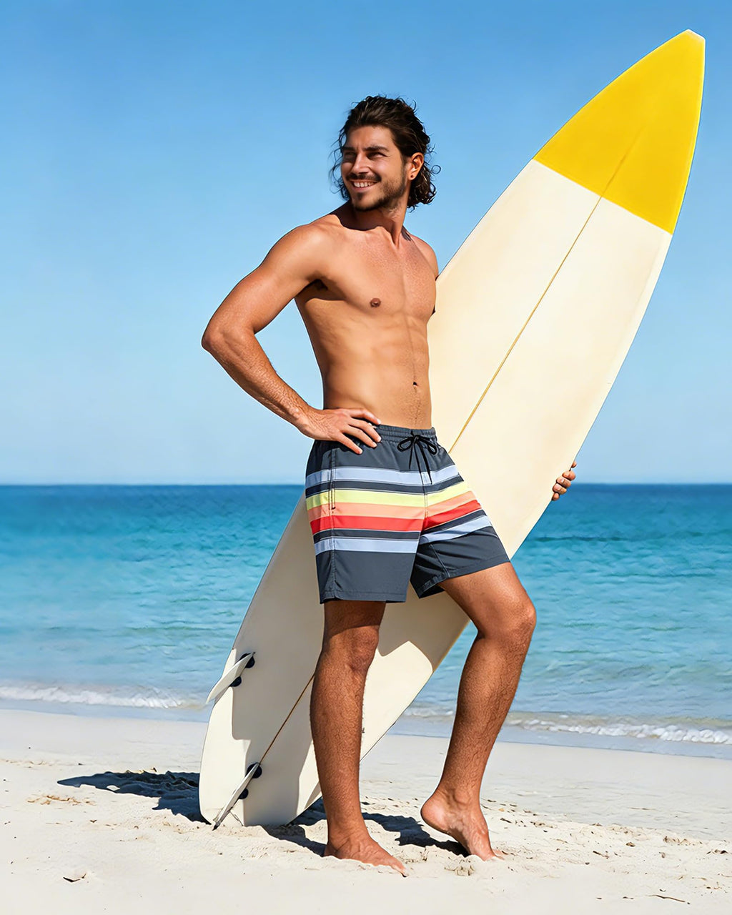 SURF CUZ Mens Swim Trunks with Compression Liner Quick Dry Swim Shorts 7" Swimming Trunks Stretch Bathing Suit Zipper Pockets,Sunset Stripes,M