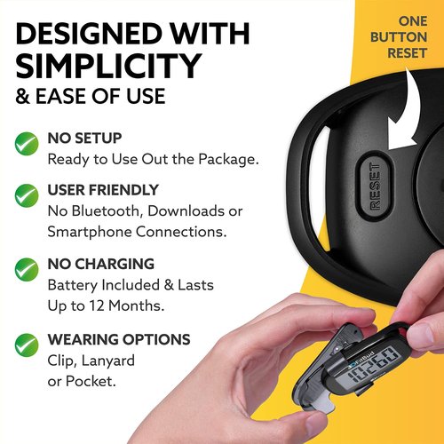 3DFitBud Simple Step Counter Walking 3D Pedometer by 3DActive with Clip, Lanyard Accurate Step Tracker Large Display, Easy to Use for Kids Men Women Adult Seniors Daily Step Tracking - A420S - Black
