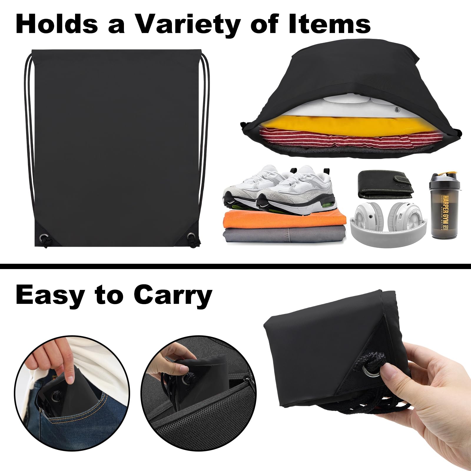CALACH 2PCS Drawstring Bags Bulk, String Backpack for Men Women, Cinch Bag Draw String Back Bag for Gym, Sports, Travel, Swimming, Beach, Black