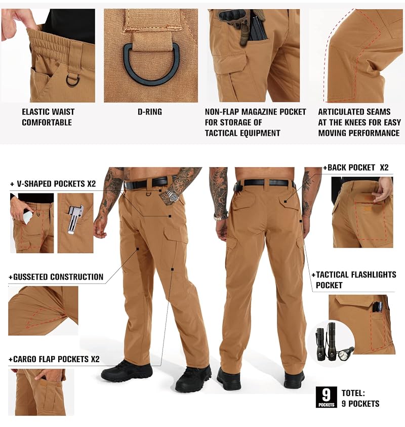KFUBUO Men’s Lightweight Ripstop Cargo Pants - Water Resistant, 9-Pocket Relaxed Fit, Black 32W x 32L