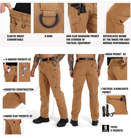 KFUBUO Men's Lightweight Ripstop Stretch Tactical Pants, Water Resistant Work Cargo Pants for Outdoor Relaxed Fit Khaki