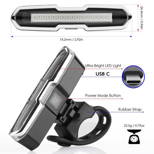 CANWAY Bicycle Rear Light Red Blue, Bike Tail Light Rechargeable 168 Lumens Bike Tail Light Battery USB C 500 mah 5 Modes Waterproof Safety for Road Mountain Night Riding