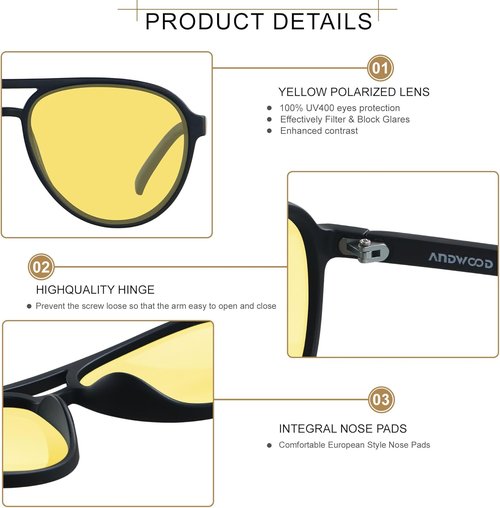 ANDWOOD Retro Polarized Aviator Sunglasses - Classic 70s Vintage Style for Men & Women | Trendy Square Design
