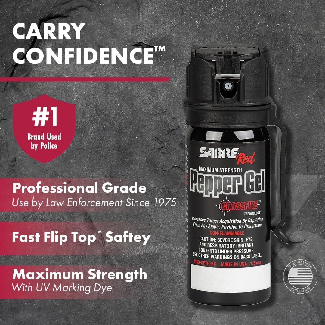 SABRE Crossfire Pepper Gel - Max Police Strength OC Spray | Deploys At Any Angle, 1.5 fl oz