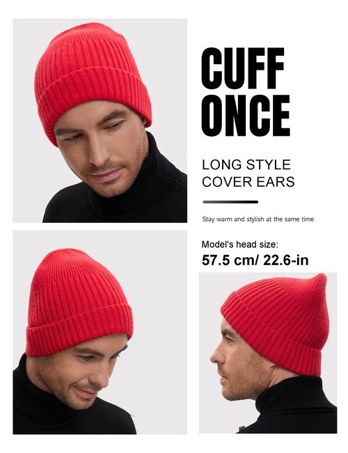 50% Wool Double Cuff Knit Beanie Hat for Men Women, Short Fisherman/Slouchy Winter Skull Cap Trawler Watch Cap, Red